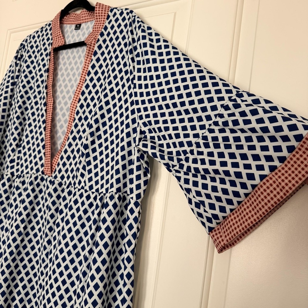 Shein Dress Womens 4XL Blue Geometric Kaftan Maxi V Neck 3/4 Bell Sleeve Boho - Picture 3 of 9